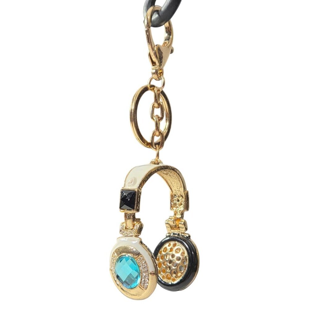 Gold-tone Headphones Purse Charm Keychain with Aqua, Black & Clear Gems - Picture 3 of 5